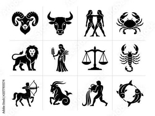 Zodiac Sign Icons Set Black Silhouette Symbols on White Grid