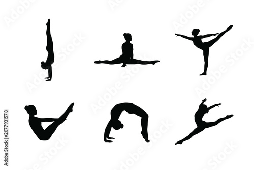 Gymnastics Silhouette Set Performing Athletic Poses on White