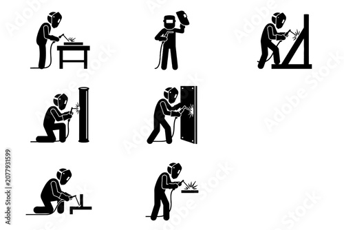 Welder icons set for industrial metal fabrication work