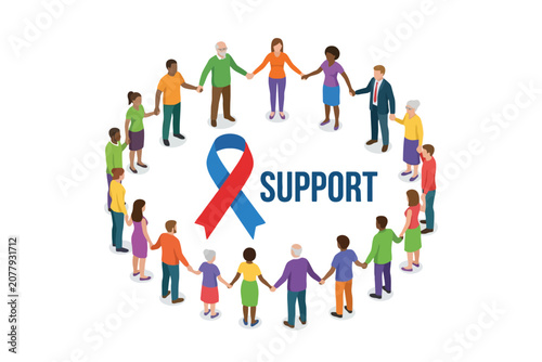 Isometric People Forming Support Circle with Awareness Ribbon