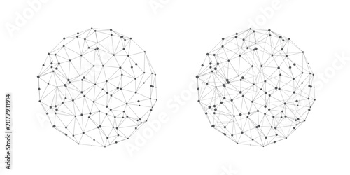 Abstract polygonal network sphere with connected lines and nodes, futuristic digital communication concept, technology, data visualization and global connection design.
