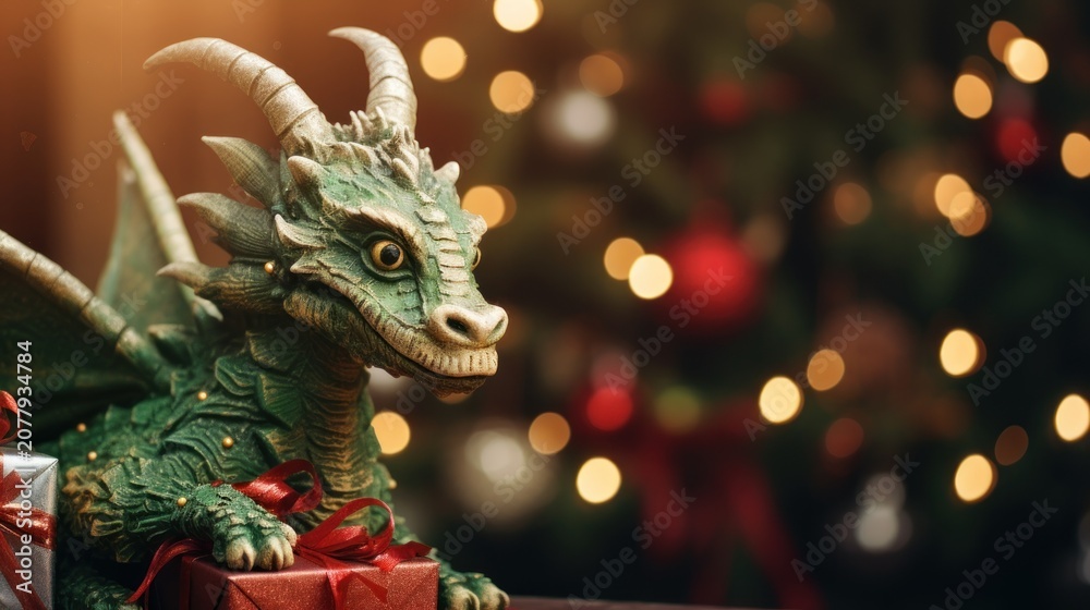 Fototapeta premium Enchanting dragon with holiday decorations displayed