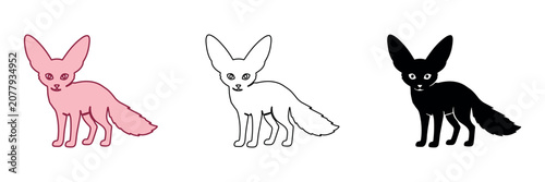 Foto Three stylized fennec foxes in pink, outline, and silhouette forms