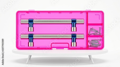 Two modern stainless steel cabinet handles with blue accents in a pink plastic case isolated on white background