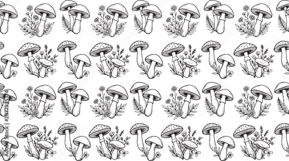 Fototapeta premium Vintage Forest Mushroom Repeat Pattern in Black and White