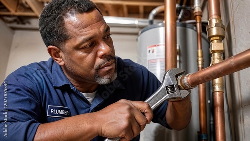 Professional African American Plumber Repairing Copper Water Pipes with Wrench