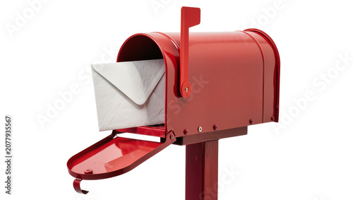 Bild auf Leinwand Red metal mailbox with white envelope inside, isolated on transparent background