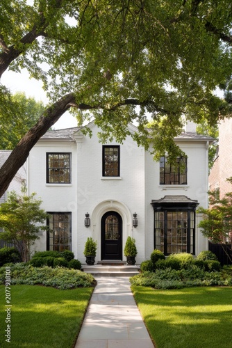 A stunning white house sits gracefully within a spacious yard, surrounded by lush green trees, all nestled in a peaceful residential neighborhood under the bright daylight