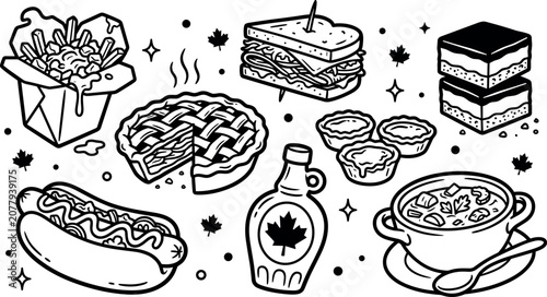 Canvas Print Vector outline cartoon doodle set of traditional Canadian cuisine and comfort fo