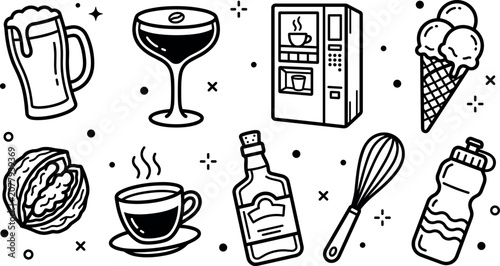 Foto Vector outline cartoon doodle icon set of drinks and kitchen elements featuring