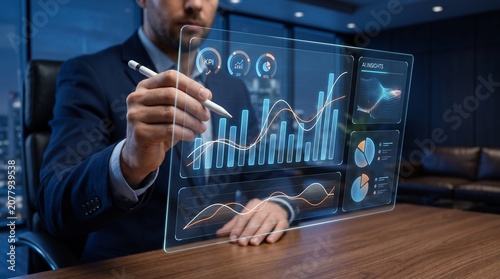 Business analytics displayed on a digital dashboard as a professional reviews performance metrics in a contemporary office during daily operations to support informed decisions and growth.