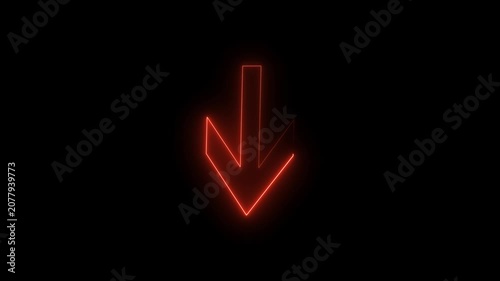 Neon glowing red color down arrow icon on black background. 