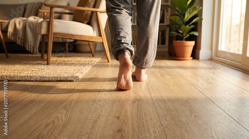 Gros plan sur la texture d'un parquet en bois clair avec une personne marchant pieds nus dans un salon baigné de soleil