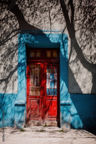 A vibrant red door boldly contrasts with a calming blue wall, as the gentle shadows of nearby trees dance across its surface on a serene daytime street