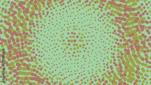 Fotografía Mint green background with organic halftone dots in red and khaki colors forming swirling waves for sophisticated modern branding and decor