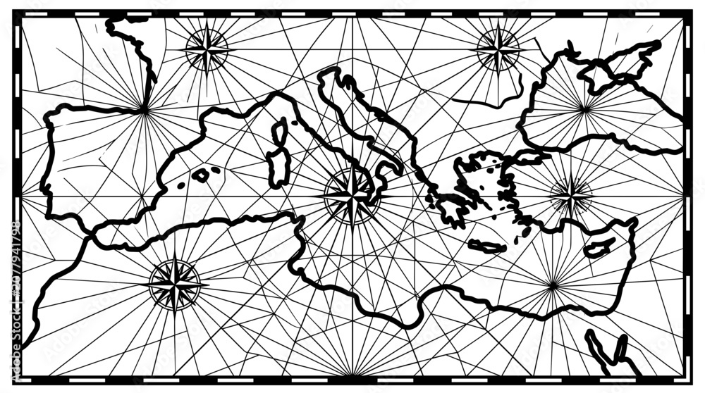Naklejka premium Antique Mediterranean Sea Nautical Chart with Compass Roses.