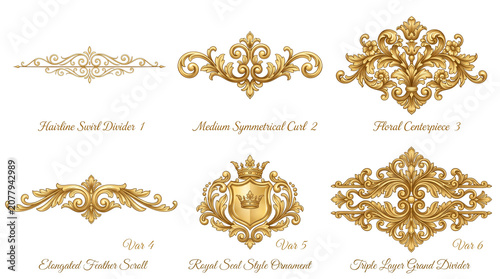 Vintage gold baroque ornament collection, 6 royal golden decorative elements, luxury filigree scroll and floral centerpiece set for wedding invitations isolated PNG with Transparent Background