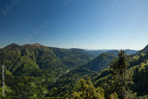 vista panoramica in alta quota di un ambiente naturale di montagna nella Slovenia nord-occidentale, di giorno, in primavera, con cielo sereno e colori brillanti