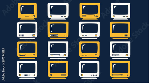 Collection of old computer monitors in yellow and white.