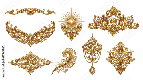Vintage gold baroque ornaments set, ornate golden filigree decorative elements, luxury royal victorian scrollwork collection for wedding invitations isolated PNG with Transparent Background