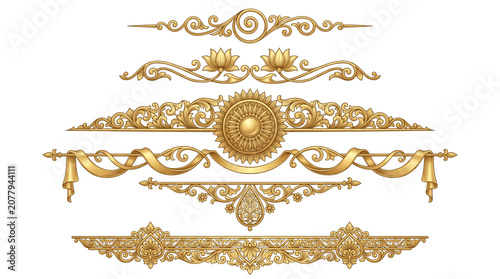 Vintage gold filigree ornaments, set of 6 ornate golden dividers, luxury baroque decorative elements for wedding invitations and certificates isolated PNG with Transparent Background