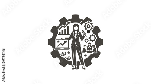 Bild auf Leinwand Businesswoman Presenting Growth Strategy with Laptop and Teamwork Icons
