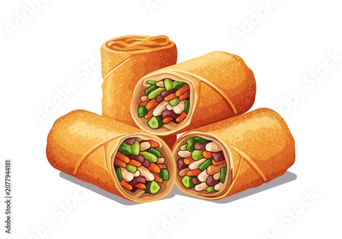 Vector illustration of crispy deep-fried vegetable spring rolls isolated on white background, featuring golden-brown crust and detailed cross-sections with carrots, beans, and sprouts.