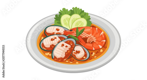 Vector illustration of Thai steamed seafood with red curry paste featuring a whole shrimp, mussels, and cucumber slices on a white plate, isolated on a plain white background.