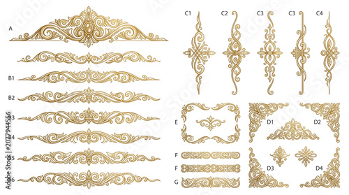Vintage gold ornamental set with 20 decorative elements, luxury baroque filigree borders and corners, elegant golden scrollwork flourishes for wedding stationery isolated PNG with Transparent
