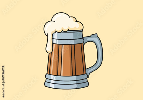 Vector illustration of a traditional wooden beer stein with silver metal bands and handle, filled with beverage and topped with thick white foam overflowing on a plain background.