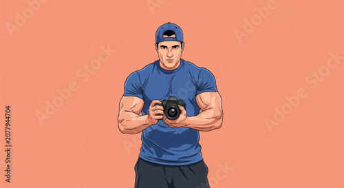 Vector illustration of a muscular man in a blue t-shirt and baseball cap holding a DSLR camera, posing against a peach background. Comic style athletic photographer portrait.