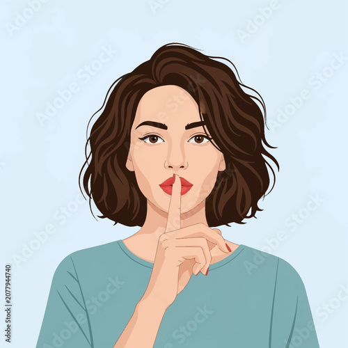 Vector illustration of a woman with wavy brown hair making a shushing gesture with a finger over her lips, wearing a teal t-shirt against a plain light blue background.