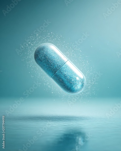 Glowing blue capsule floating in water with sparkling particles on a calm aqua background