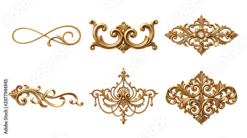 Vintage gold baroque ornaments set, 6 elegant golden filigree decorative elements, antique victorian scrollwork and floral flourishes for luxury branding isolated PNG with Transparent Background