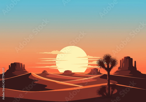 Flat vector illustration of a desert landscape at sunset featuring a large sun, rolling sand dunes, rock mesas, and a Joshua tree silhouette under a gradient orange and blue sky.