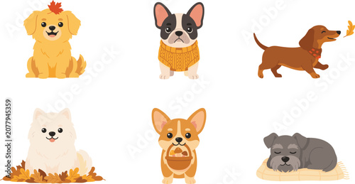 Cute Autumn Dog Breed Character Set with Cartoon Golden Retriever French Bulldog Dachshund Pomeranian Corgi and Schnauzer Icons