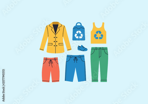Flat vector illustration of sustainable fashion apparel set featuring yellow blazer, green trousers, blue and orange shorts, sneaker, and recycle symbol on tote bag and tank top.