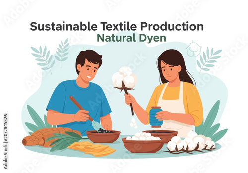 Flat vector illustration depicting a man and woman working on sustainable textile production and natural dyeing, featuring cotton bolls, raw plant roots, blue yarn, and organic materials.