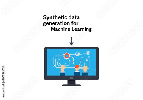 Vector illustration of synthetic data generation for machine learning showing a computer monitor with circuit patterns, gear icons, and robotic hands on a white background.