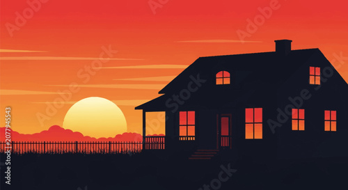 Vector illustration of a house silhouette against a vibrant orange and red sunset sky with a large yellow sun, featuring a wooden fence, grass, and glowing window panes.