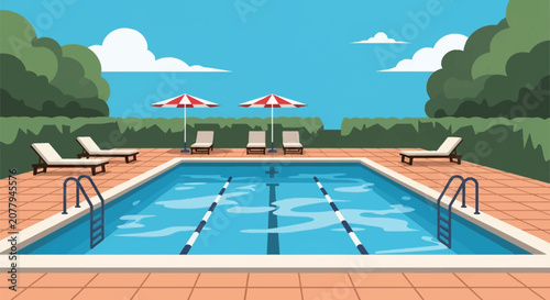 Vector illustration of an outdoor swimming pool with blue water and lane markers, surrounded by a terracotta tile patio, white sun loungers, red and white umbrellas, and green bushes.