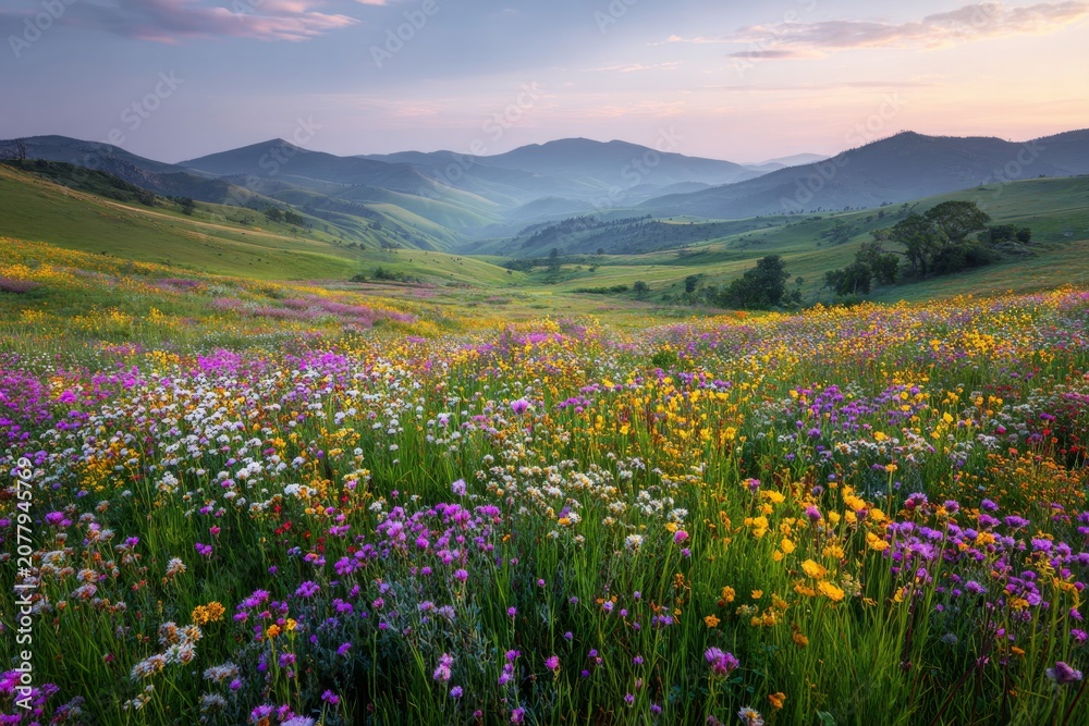 Obraz premium Blooming wildflower meadow spreads across rolling green hills under a soft sunrise sky