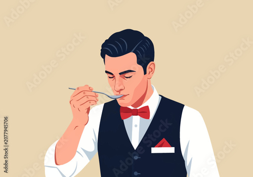 Vector illustration of a professional waiter in a black vest and red bow tie, eyes closed while tasting food from a metal spoon, isolated on a neutral beige background.