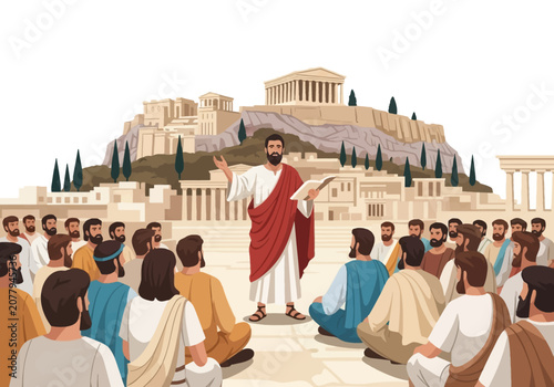Vector illustration of the Apostle Paul preaching to a seated audience in ancient Athens, featuring the Acropolis and Parthenon on a hill, biblical historical scene representation.