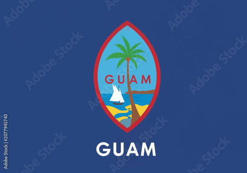 Official flag of Guam featuring the red-bordered oval seal with a coconut tree, a sailing proa, and a beach landscape on a dark blue background with bold white text Guam below.