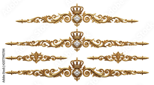 Vintage golden ornamental dividers with royal crown, set of 5 luxury baroque filigree borders, elegant gold metallic decorative scroll elements isolated PNG with Transparent Background