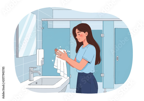 Flat vector illustration of a young woman drying her hands with a white towel in a public restroom near a sink, soap dispenser, and mirror, featuring blue stalls in the background.