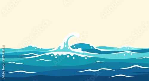 Minimalist vector illustration of rolling ocean waves in shades of blue and turquoise with white sea foam crests against a plain pale yellow background sky horizon.