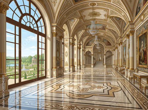 Luxurious palace hallway with golden baroque ceilings and large window overlooking a classic garden
