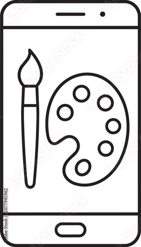 Black line art smartphone with paintbrush and palette
